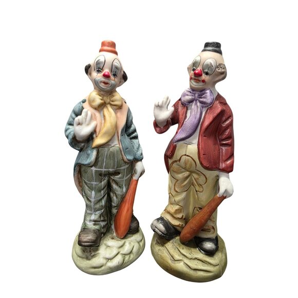 Two Vintage Porcelain Clown Figurine With Bats - Picture 1 of 10